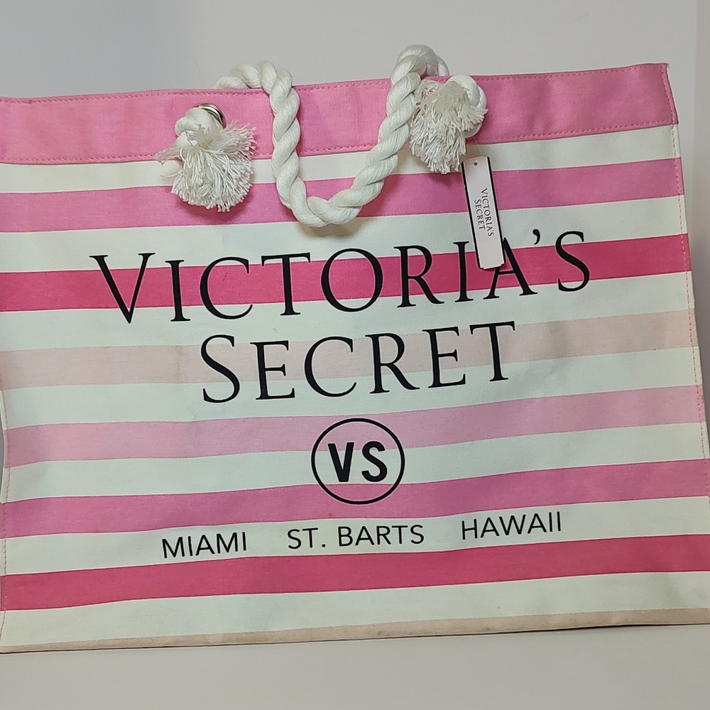 Victoria's Secret Tote Beach Bag Pink Stripes Miami Hawaii St. Barts 18x14